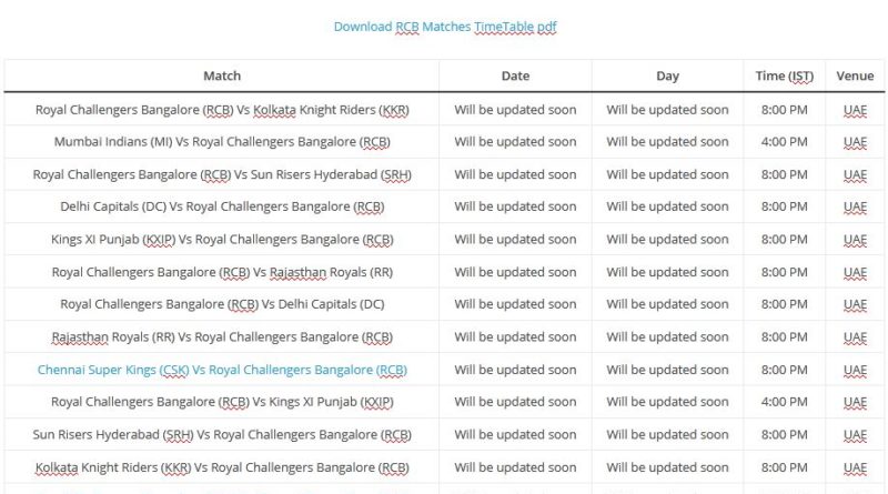 IPL 2020 RCB Matches TimeTable