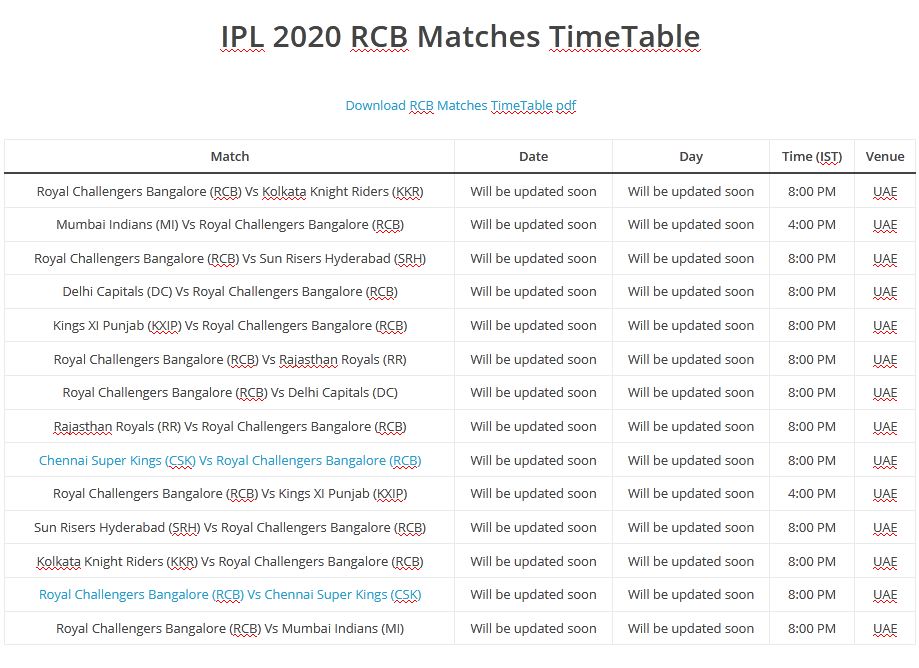 IPL 2020 RCB Matches TimeTable - UAE【pdf Download】 • RCBians